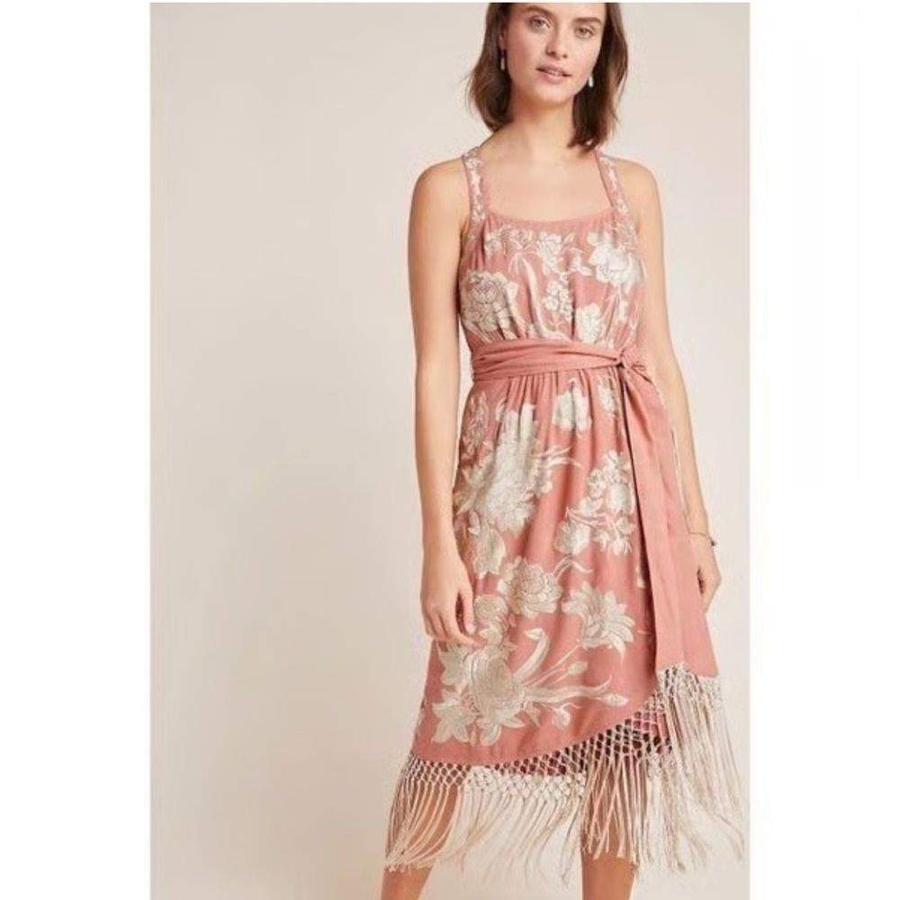 NEW Anthropologie Lucille Sleeveless Dress Womens 6 Pink Fringe Embroidered $260